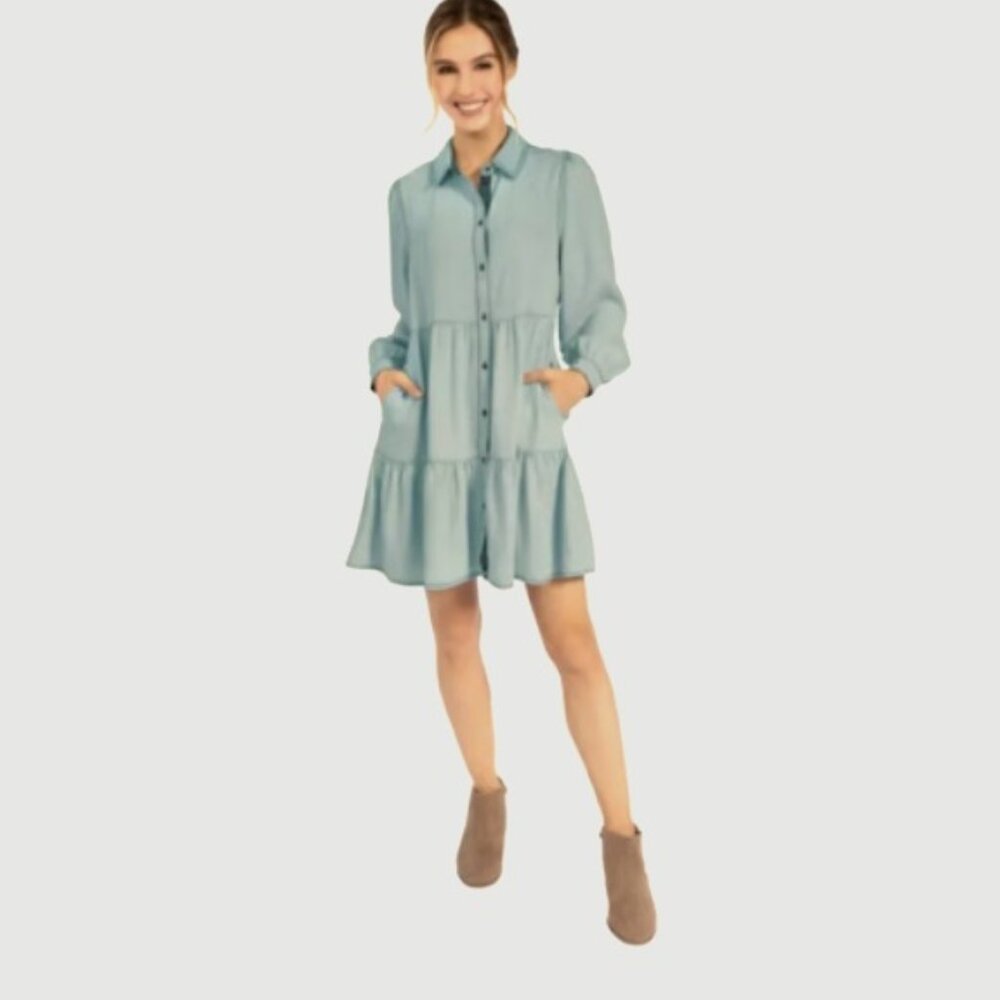Serra Women's Chambray Tiered Tunic Dress NWT Sz L